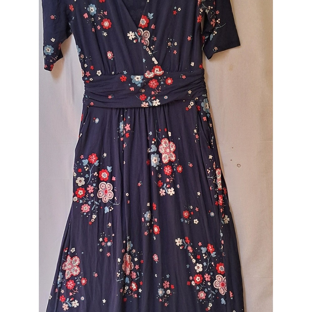 Boden Navy Floral Faux Wrap Midi Dress Short Sleeve Pockets Blue Red US 4L - Picture 4 of 16